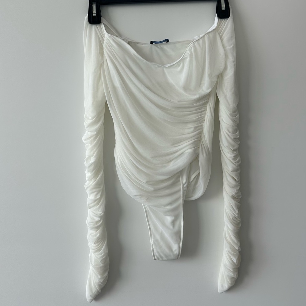 Mugler White Ruched Mesh Bodysuit